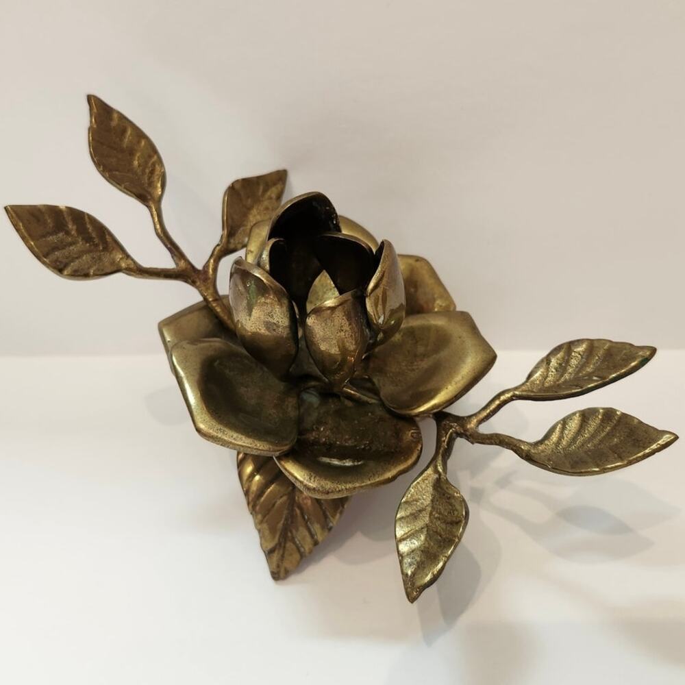 VTG Brass Rose Bloom with Limbs Leaves Candle Holder MCM